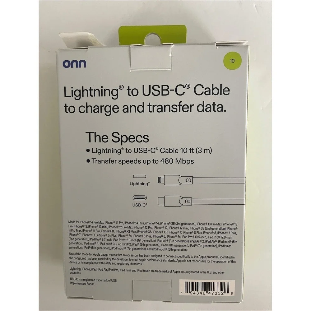 Onn Lightning to USB-C 10' Cable NEW